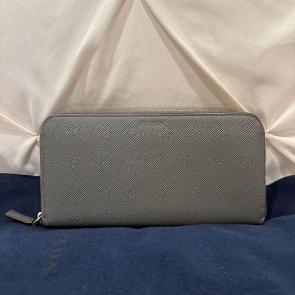 Prada Gray Saffiano Leather Long Zip Around Luxury Wallet and Dust Bag - Picture 1 of 15